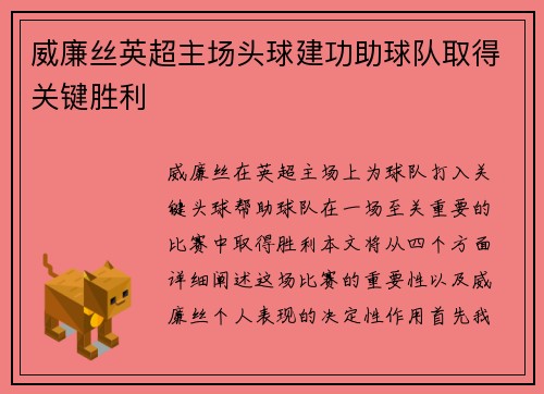 威廉丝英超主场头球建功助球队取得关键胜利