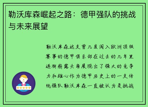 勒沃库森崛起之路：德甲强队的挑战与未来展望
